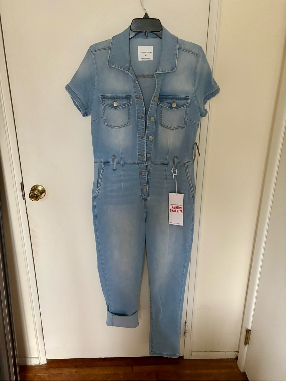 Celebrity Pink Light Blue Denim Short-Sleeve Jumpsuit